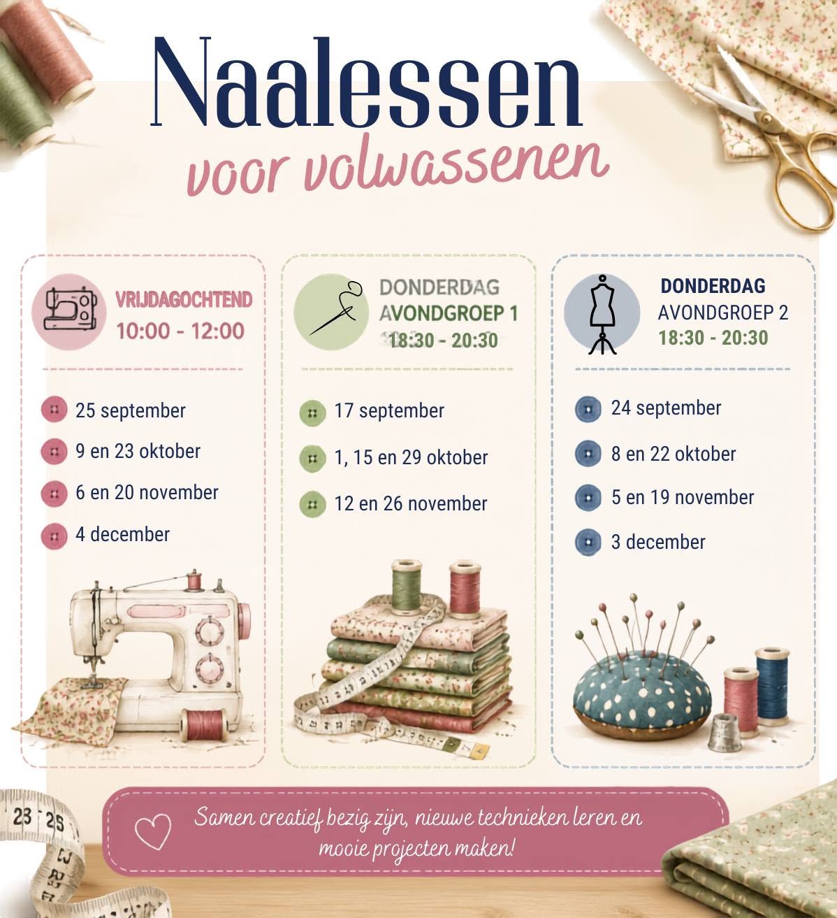 Naailessen voor volwassenen bij Stitch & Sew — vrijdagochtend en donderdagavond