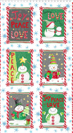 “Katoenen kerststoffen uit de Joy, Peace and Love collectie van In The Beginning Fabrics – sneeuwpoppen, kerstbomen en feestelijke prints”