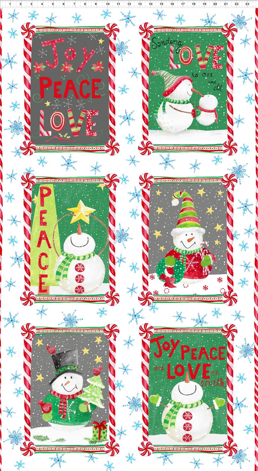 “Katoenen kerststoffen uit de Joy, Peace and Love collectie van In The Beginning Fabrics – sneeuwpoppen, kerstbomen en feestelijke prints”