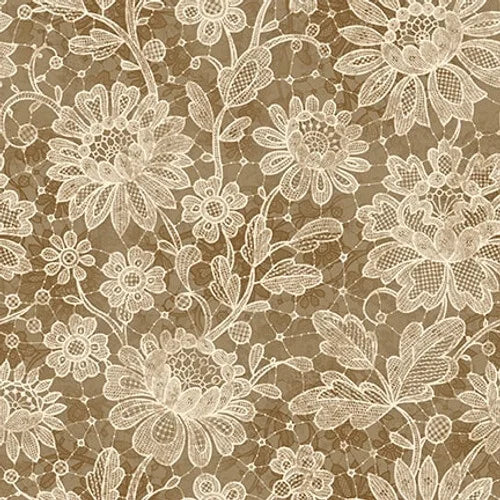 Modern Lace quiltstof in ivoor, latte en cocoa met romantisch kantpatroon