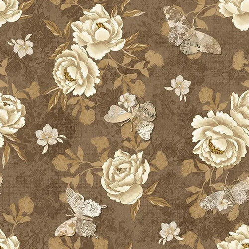 Modern Lace quiltstof in ivoor, latte en cocoa met romantisch kantpatroon