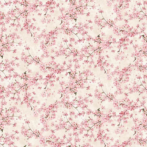 Beige Romance stof met bloemen en vogelmotief in beige tint