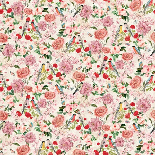 Beige Romance stof met bloemen en vogelmotief in beige tint