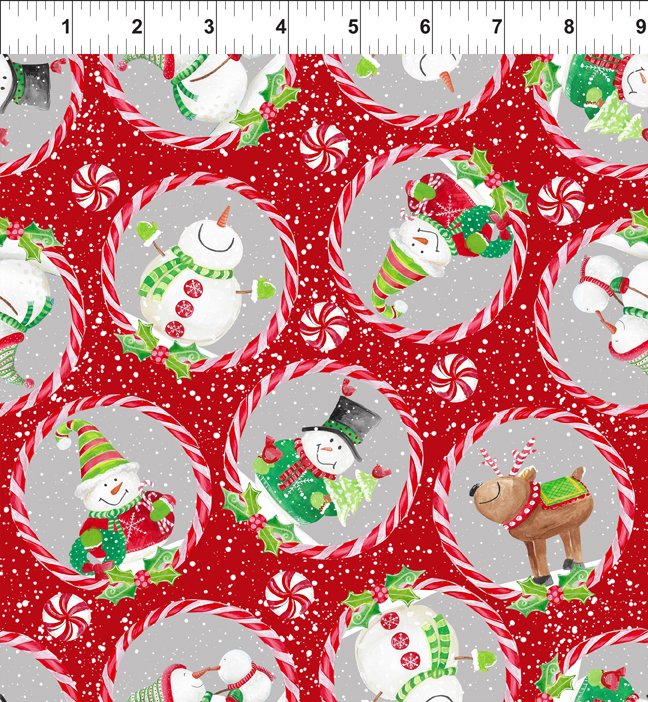 “Katoenen kerststoffen uit de Joy, Peace and Love collectie van In The Beginning Fabrics – sneeuwpoppen, kerstbomen en feestelijke prints”