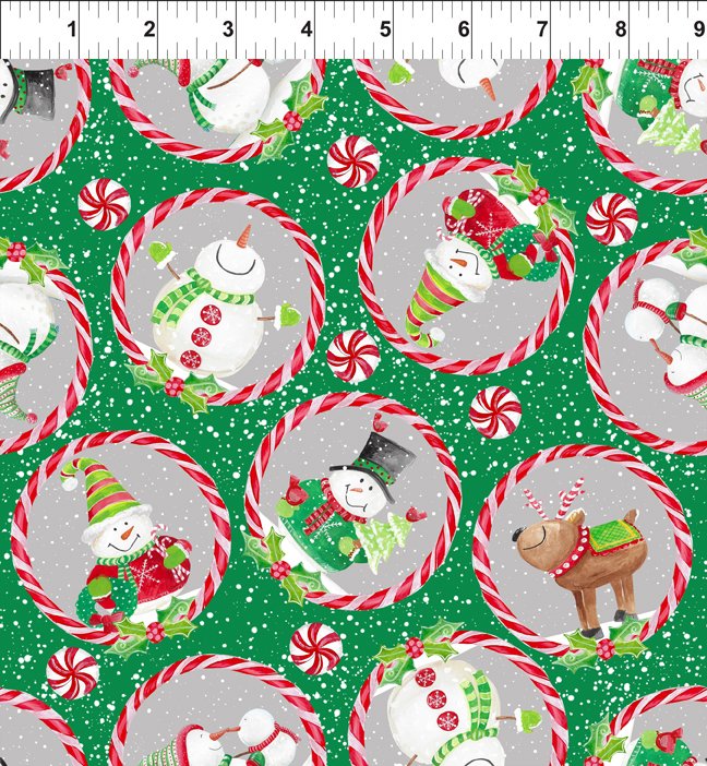 “Katoenen kerststoffen uit de Joy, Peace and Love collectie van In The Beginning Fabrics – sneeuwpoppen, kerstbomen en feestelijke prints”