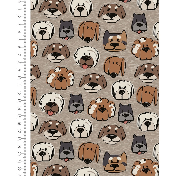 Alpen Fleece Digital Cute Dogs – hondengezichtjes op grijsbeige achtergrond