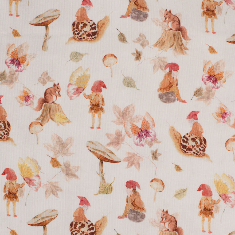 GOTS Jersey Digital OR4820-510 Dwarfs Off White - elfjes, eekhoorns en paddenstoelen print