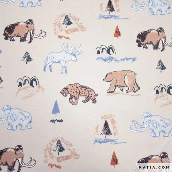 Tricot T-shirt stof Prehistoric Move – Katoen met 5% Elastaan, 145–150 cm breed