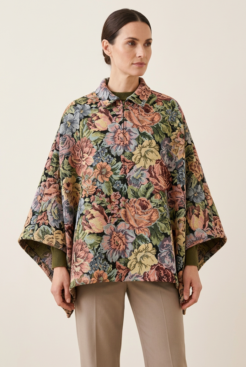 Cape met kraag en korte rits in de gobelin bloemenstof