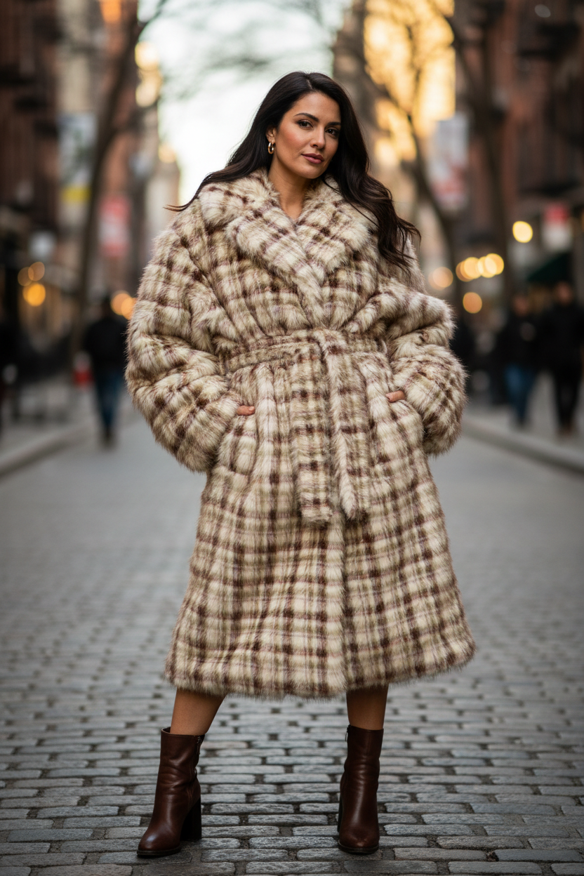 Damesjas bruin-olijf fake fur