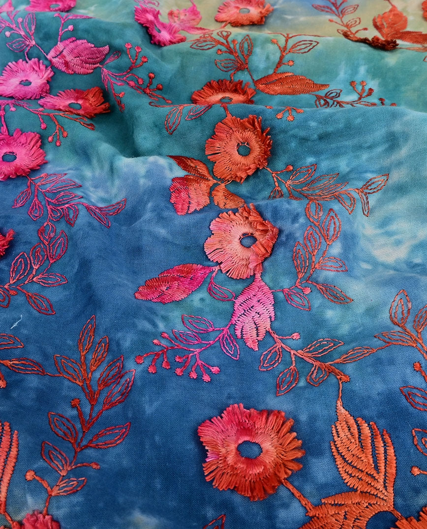 Embroidered Floral Katoen – Teal/Roze/Oranje