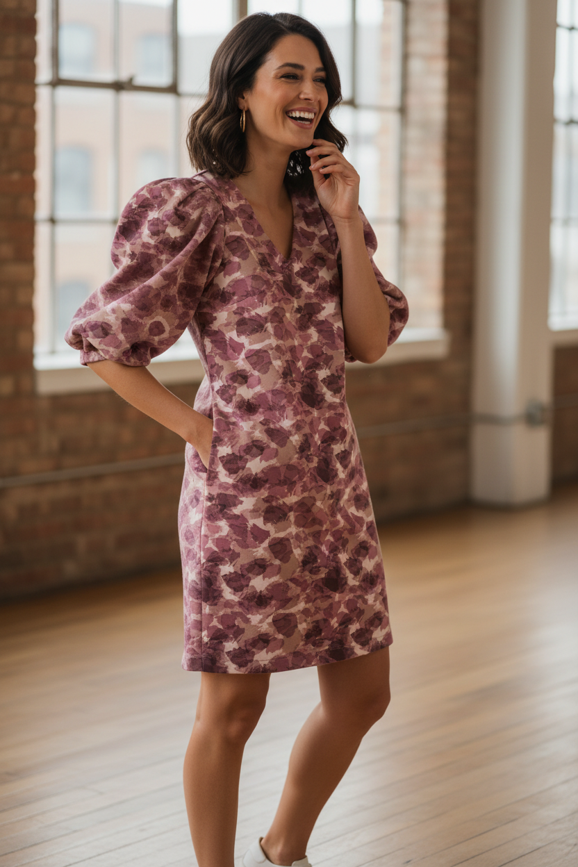 GOTS Organic French Terry roze/mauve jurk op een dame