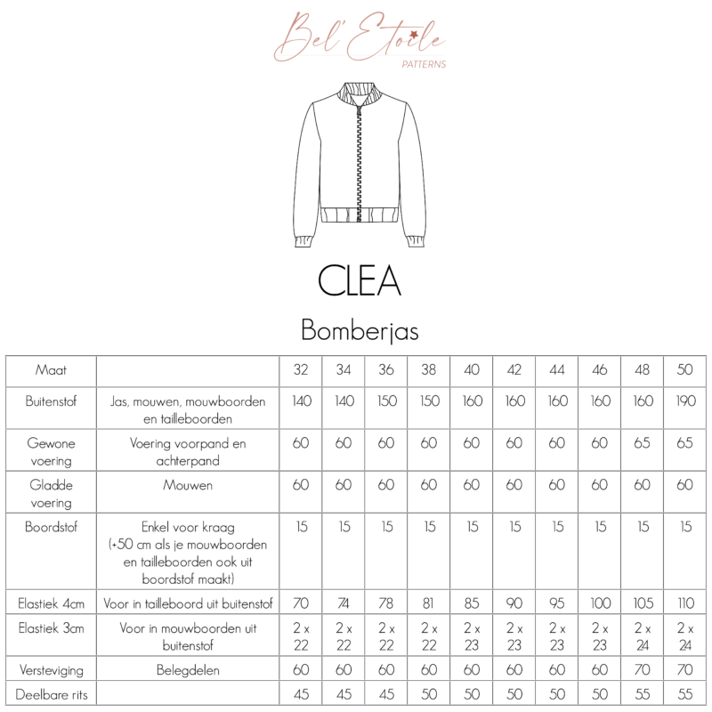 Clea Bomberjas maattabel - maten 32 t/m 50