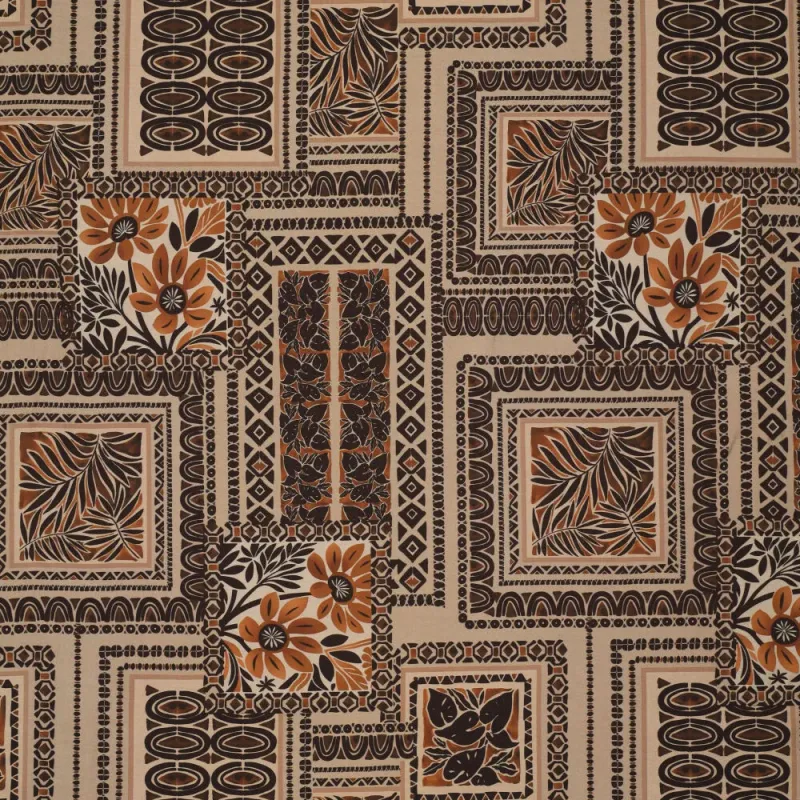 Viskaci Grayson viscose stof met geometrisch patchwork dessin in bruin, terra en beige