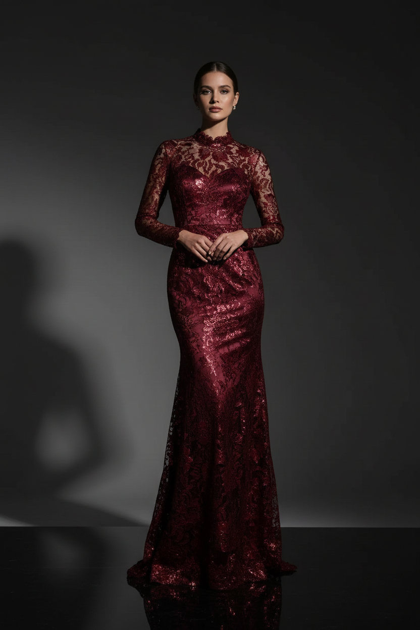 Inspiratie avondjurk van Lisa Foil Lace Bordeaux kant over satijn