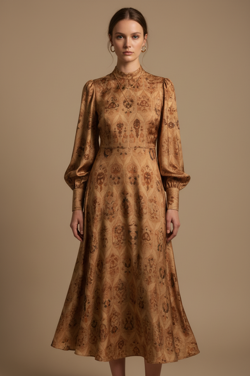 Inspiratie herfstjurk gemaakt van Viscose Satin Tara stof in caramel en bruin Perzisch dessin