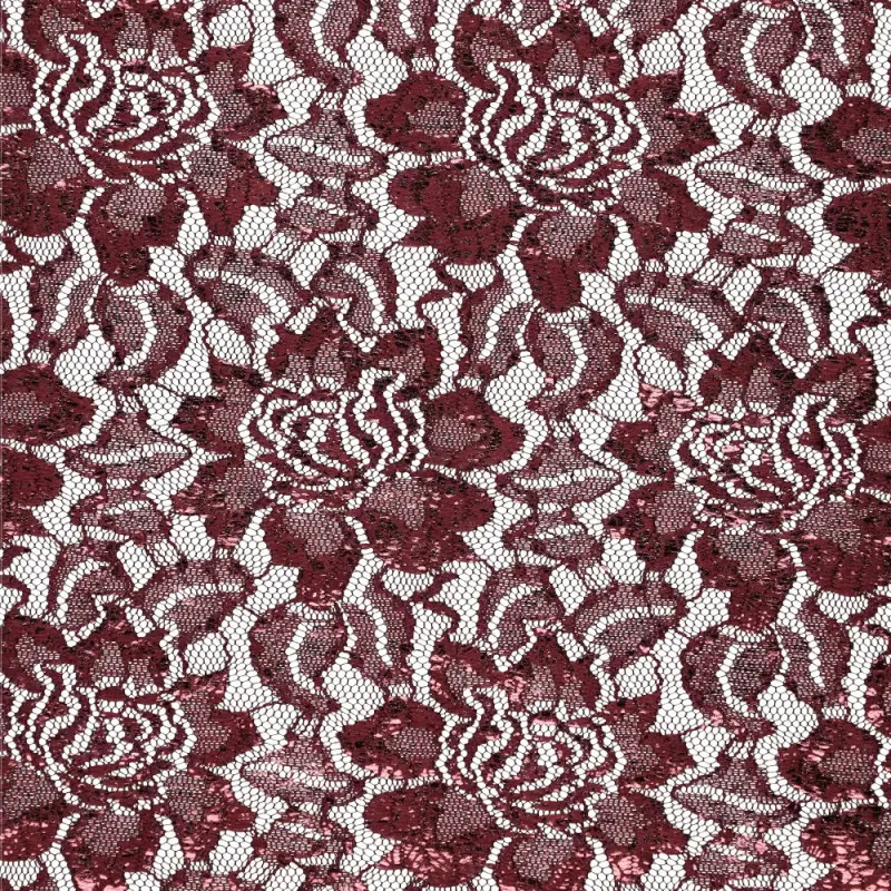 Lisa Foil Lace Bordeaux vlakke opname van kant met rozendessin in bordeauxrood