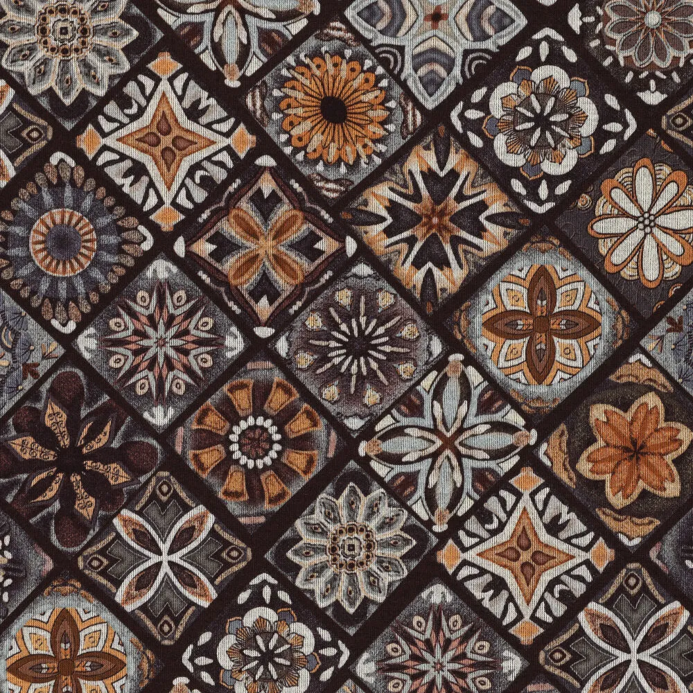 Roma Decor Tiles tegeltjesstof met mandala bloemmotieven in bruin, oranje en grijs