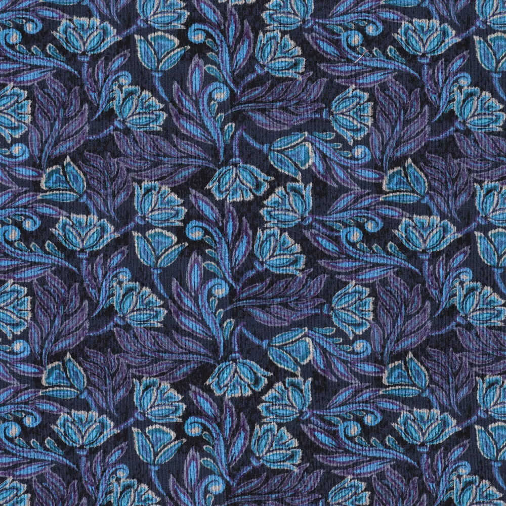 Roma Indian Flowers stof met all-over bloemen en bladeren dessin in marineblauw, paars en turquoise