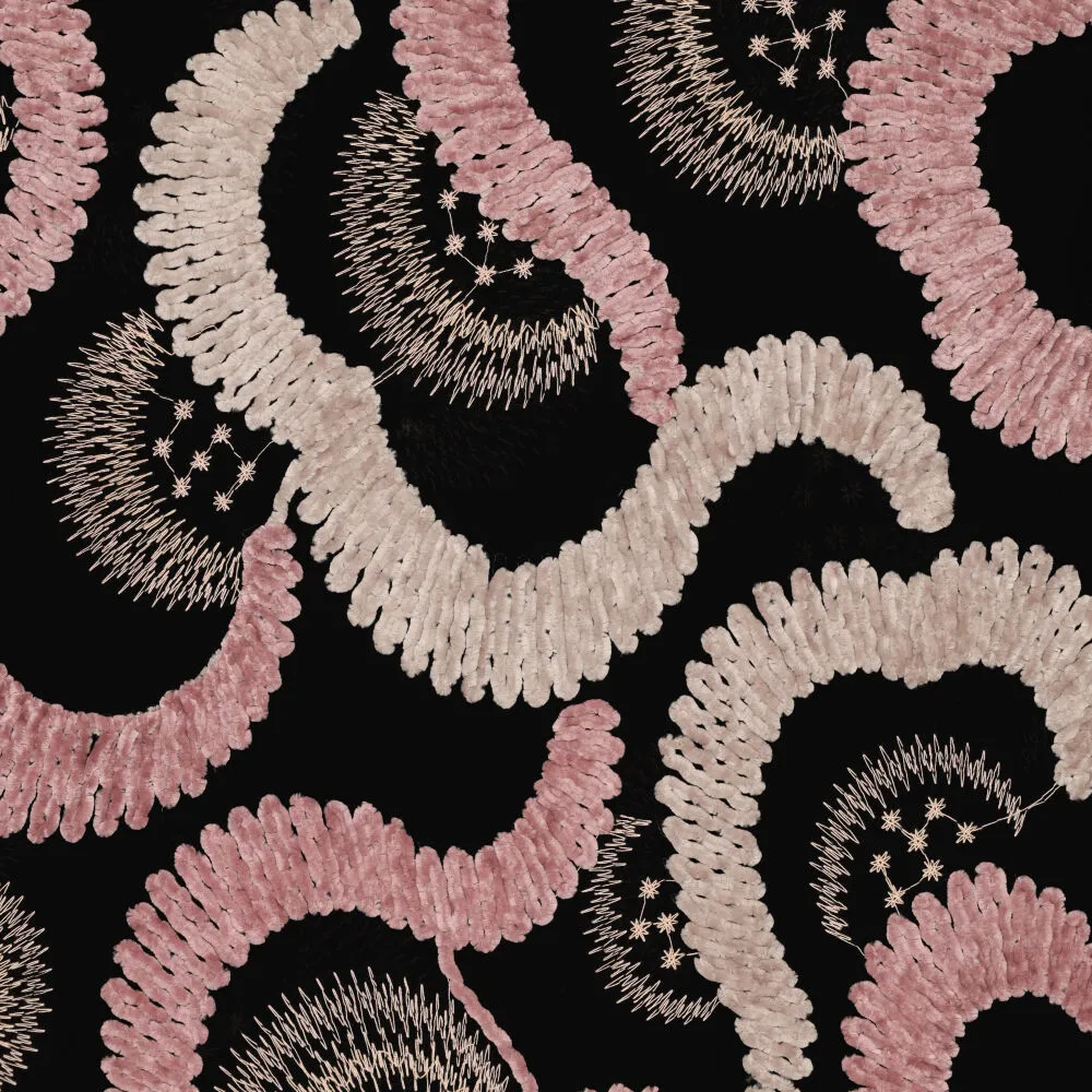 Chenille Embroidery Mocia zwarte stof met roze en witte chenille bogen en gouden sterrenbeelden borduurwerk