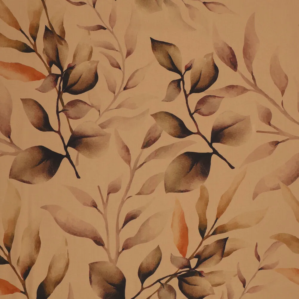 Viscose Satin Leaves glanzende satijnstof met bladdessin in caramel, bruin en terracotta