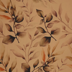 Viscose Satin Leaves glanzende satijnstof met bladdessin in caramel, bruin en terracotta
