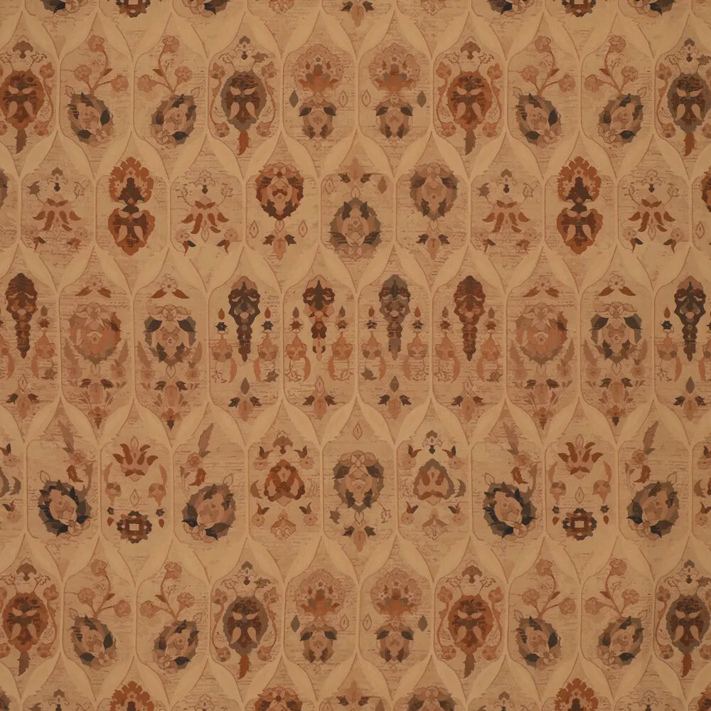 Viscose Satin Tara glanzende satijnstof met oosters Perzisch dessin in caramel, bruin en terracotta