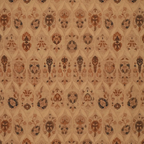Viscose Satin Tara glanzende satijnstof met oosters Perzisch dessin in caramel, bruin en terracotta