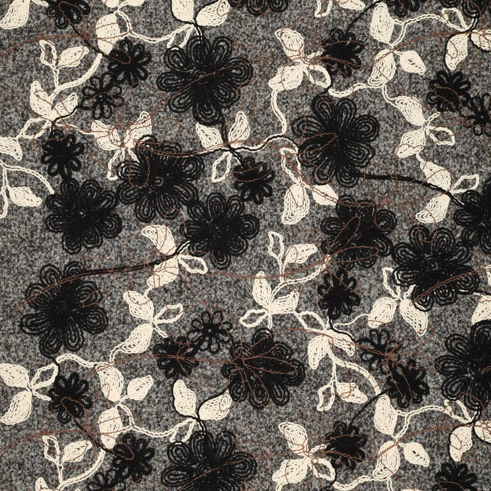 Wooly Petra Embroidery geborduurd bloemendessin stof in zwart, wit en grijs