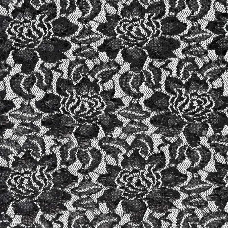Lisa Foil Lace Zwart vlakke opname van zwarte kant met rozendessin en folie-effect