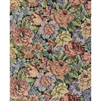 Gobelin Flower 5865-169 met roze, perzikachtige en blauwgrijze bloemen en groene bladeren op een donkere ondergrond