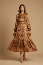 Inspiratie herfstjurk gemaakt van Viscose Satin Leaves stof in caramel en bruin bladdessin