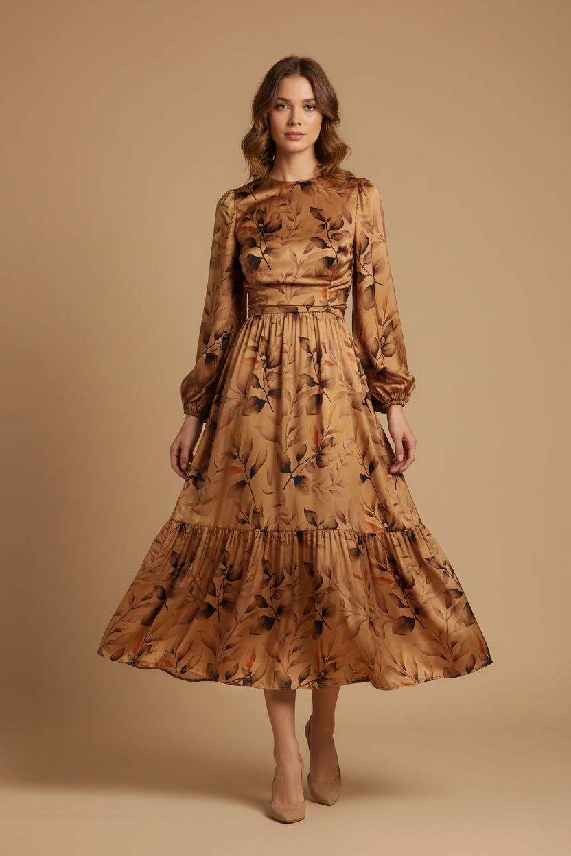 Inspiratie herfstjurk gemaakt van Viscose Satin Leaves stof in caramel en bruin bladdessin