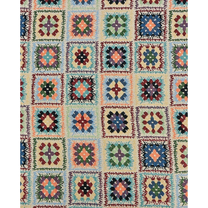Lichte gobelin patchworkstof met vierkante bloemmotieven in mintgroen, blauw, koraal en bordeaux op crème