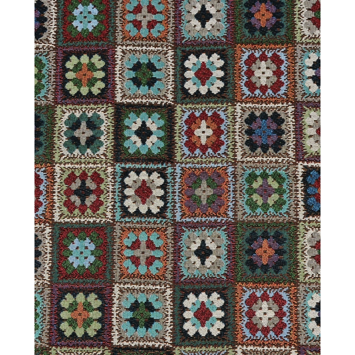 Gobelin patchworkstof met vierkante bloemmotieven in groen, turquoise, bordeauxrood, crème en roesttinten