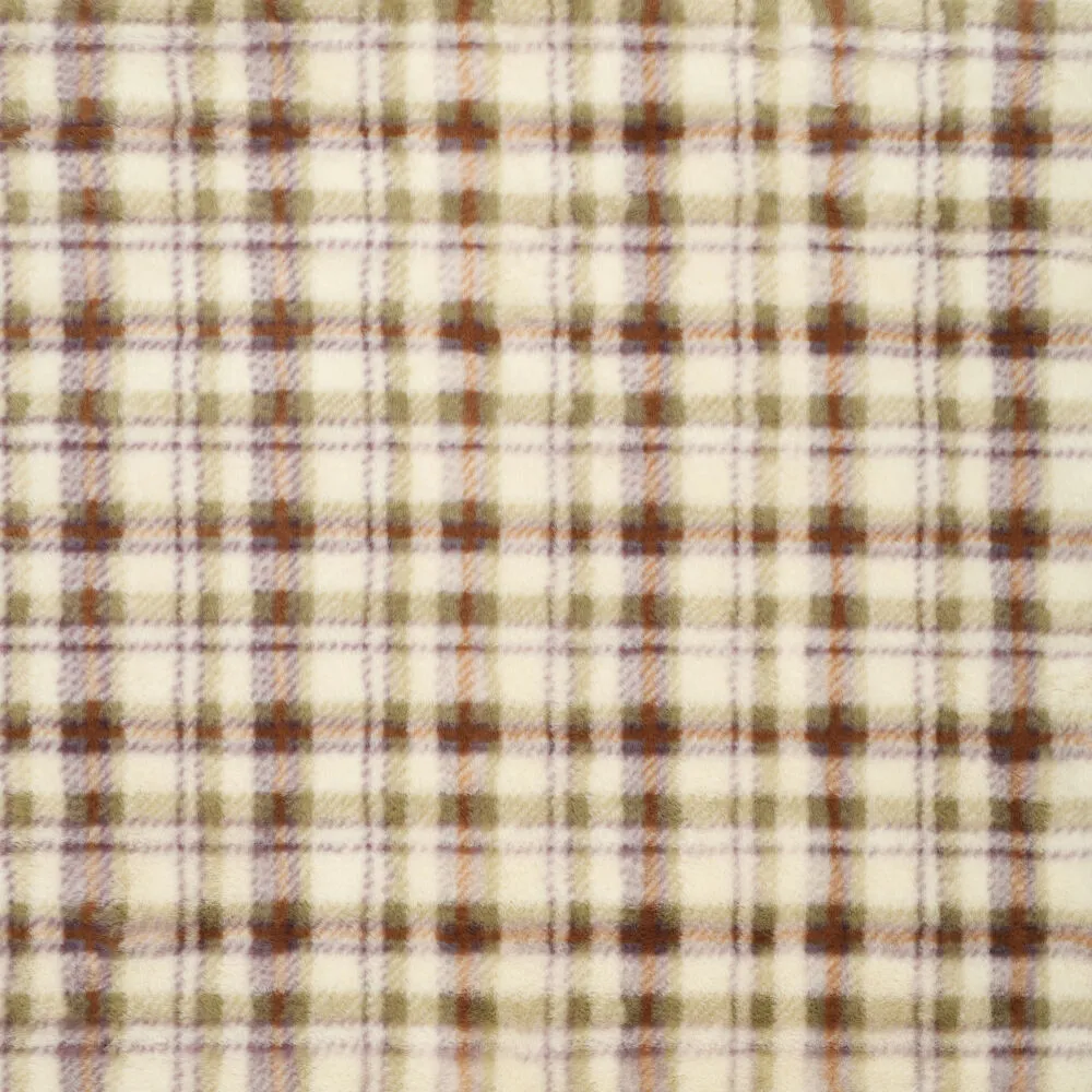 Aviemore Check Fur zachte geblokte fur-stof in crème, bruin en olijfgroen ruitpatroon