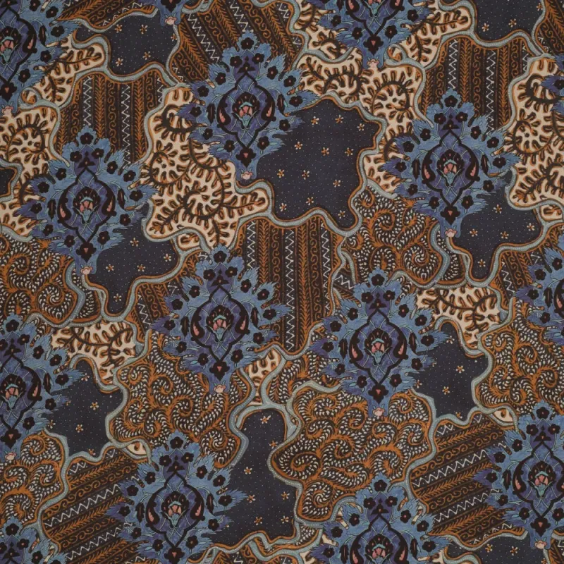 Viskaci Hudson viscose stof met batik-dessin in donkerblauw, bruin, beige en goud