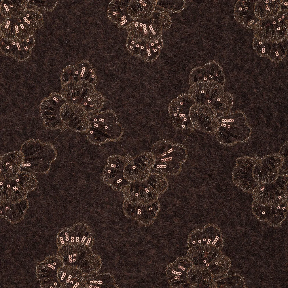 Bruine Sequalia Flora paillettenstof met bloemen en pailletten