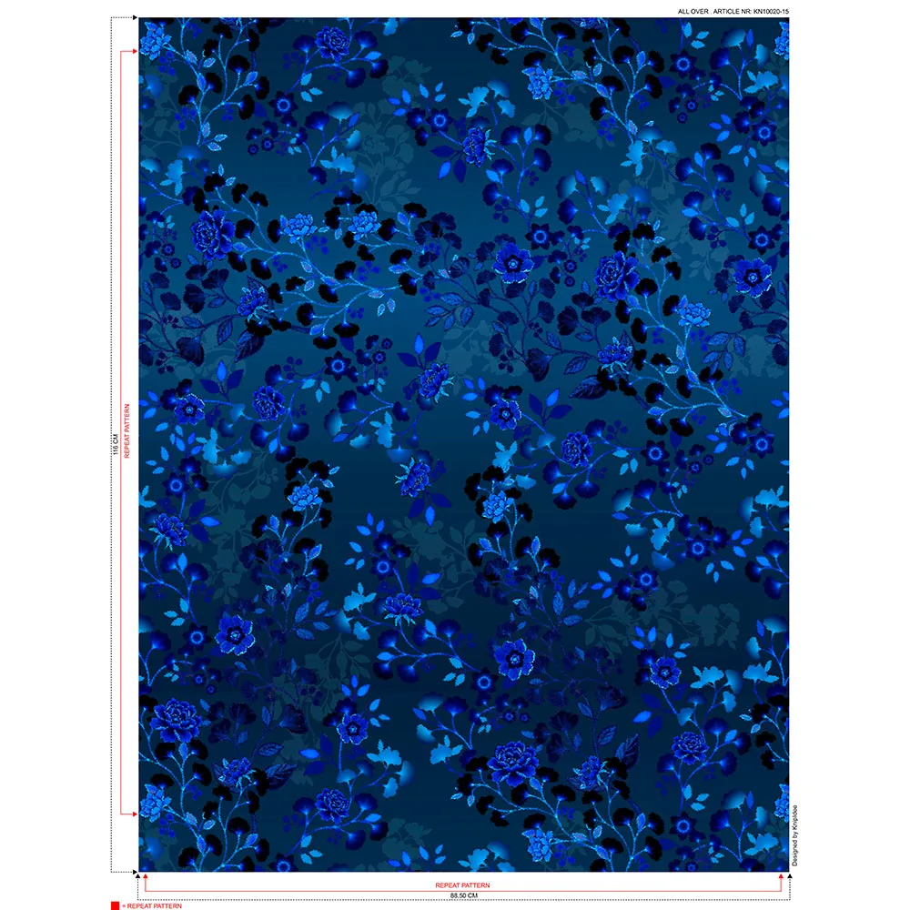 KN10020-15 Autumn Flora cotton spandex stof blauw – technische tekening bloemenprint