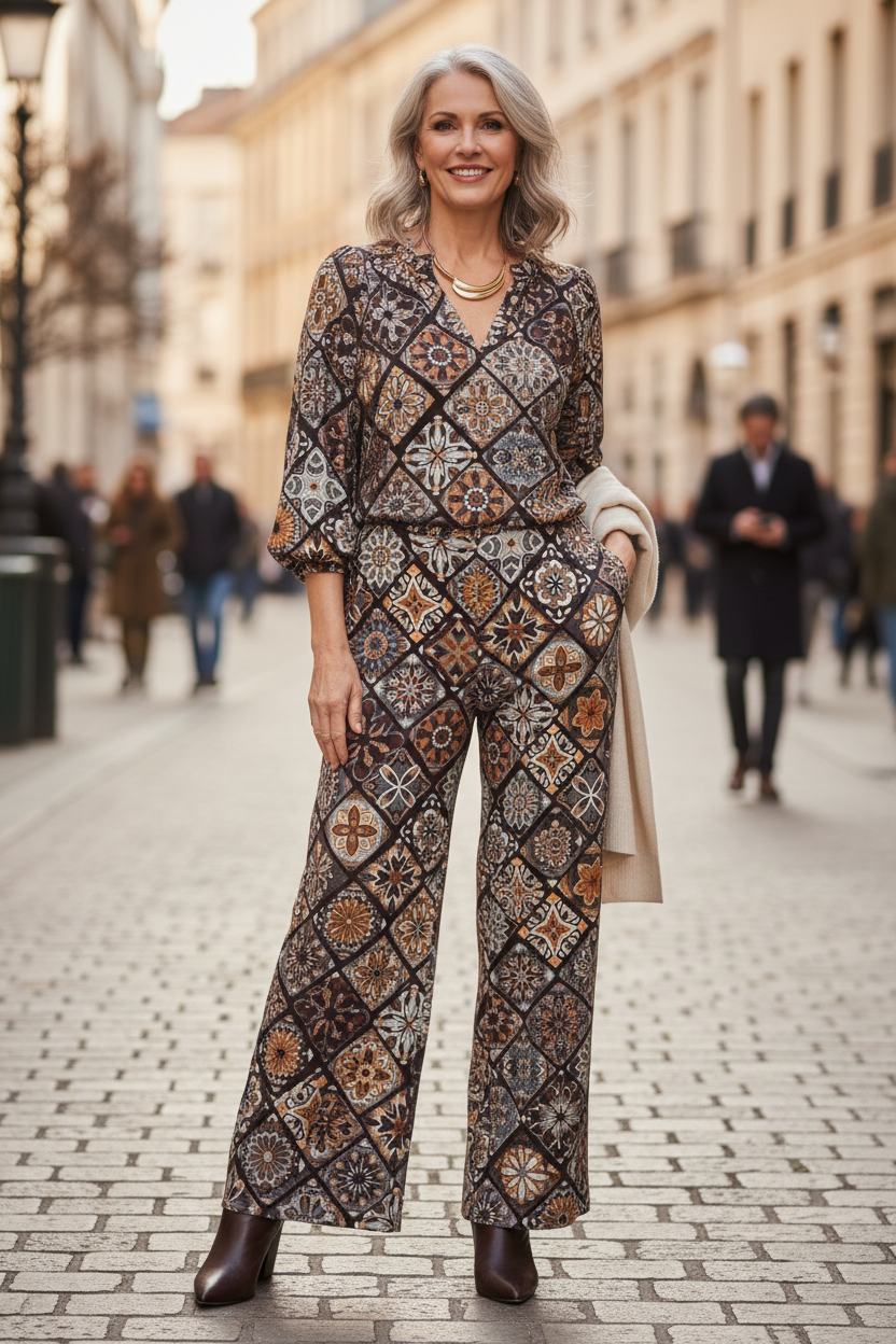Dame van 50+ in elegante wijde broek en blouse van Roma Decor Tiles stretch stof, winter 2027