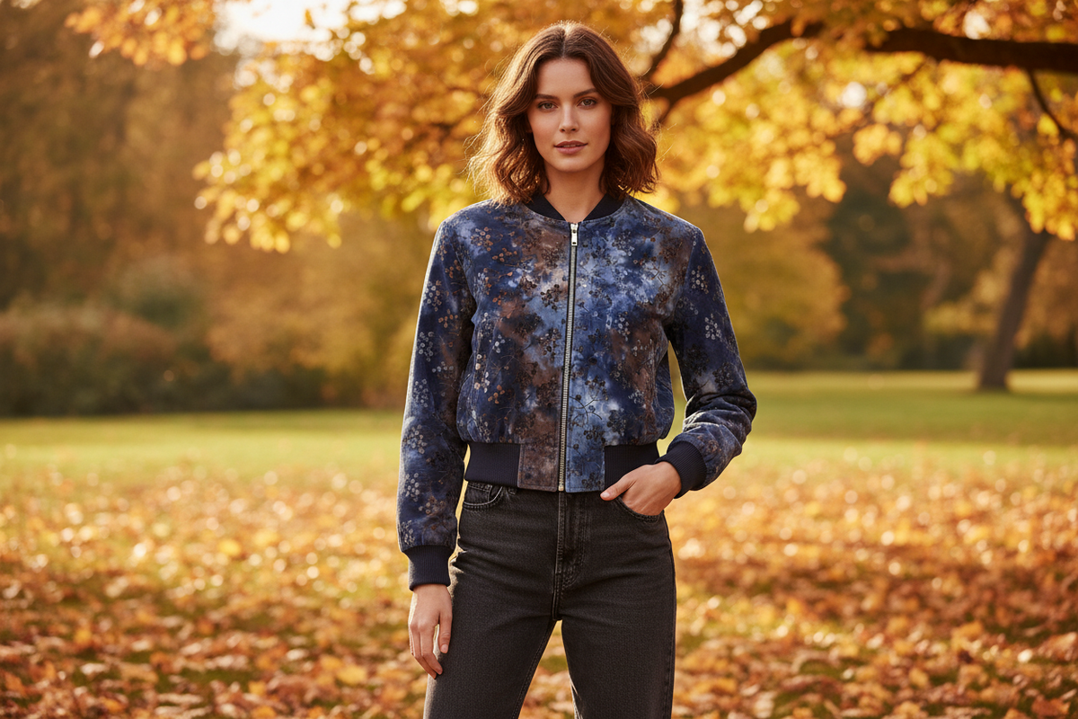 Clea Bomberjas in tie-dye corduroy stof - inspiratieafbeelding