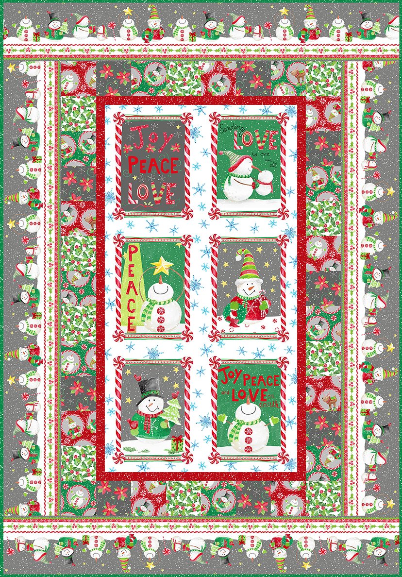 “Katoenen kerststoffen uit de Joy, Peace and Love collectie van In The Beginning Fabrics – sneeuwpoppen, kerstbomen en feestelijke prints”