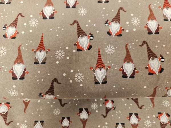 Kerst jersey stof met kabouters en sneeuwvlokken - Stitch & Sew