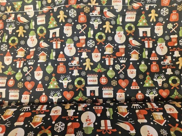 Kerststof met feestelijke print — sneeuwpop, kerstboom & cadeaus op donkerblauw katoen - Stitch & Sew