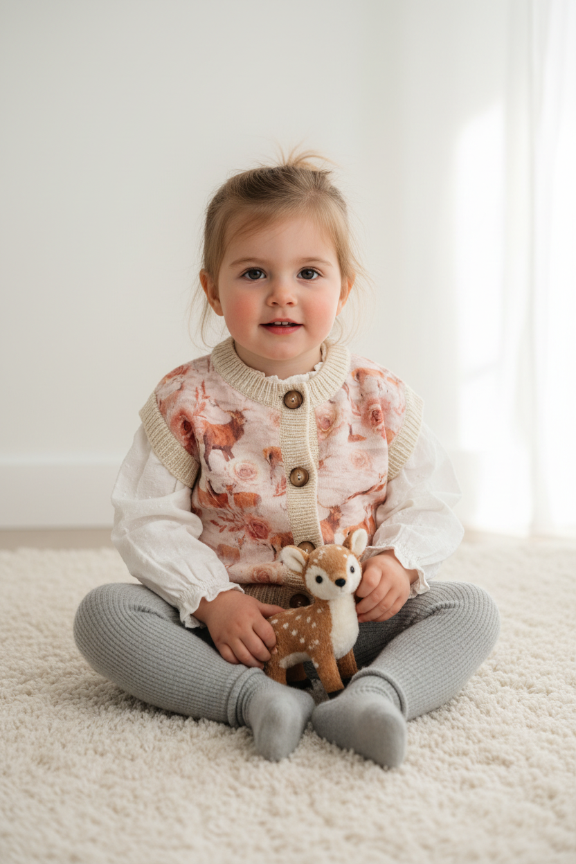 Kind in vest van herten en rozen print stof