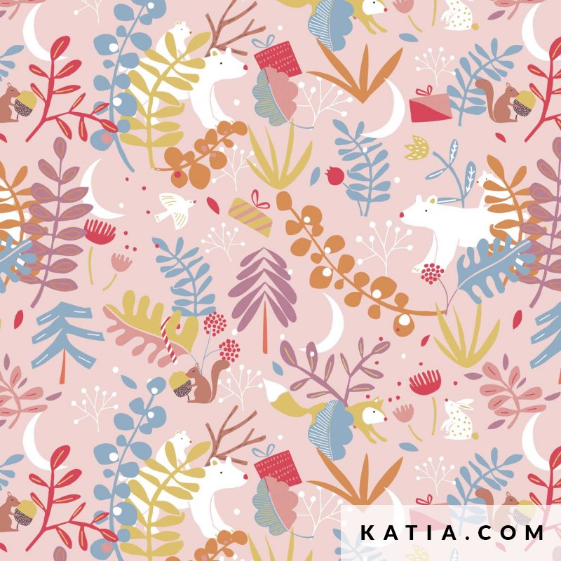 Feestelijke 100% katoenen poplin stof met pastelroze achtergrond, bloemen en bosdieren. Zacht, duurzaam en ideaal voor kleding & accessoires.