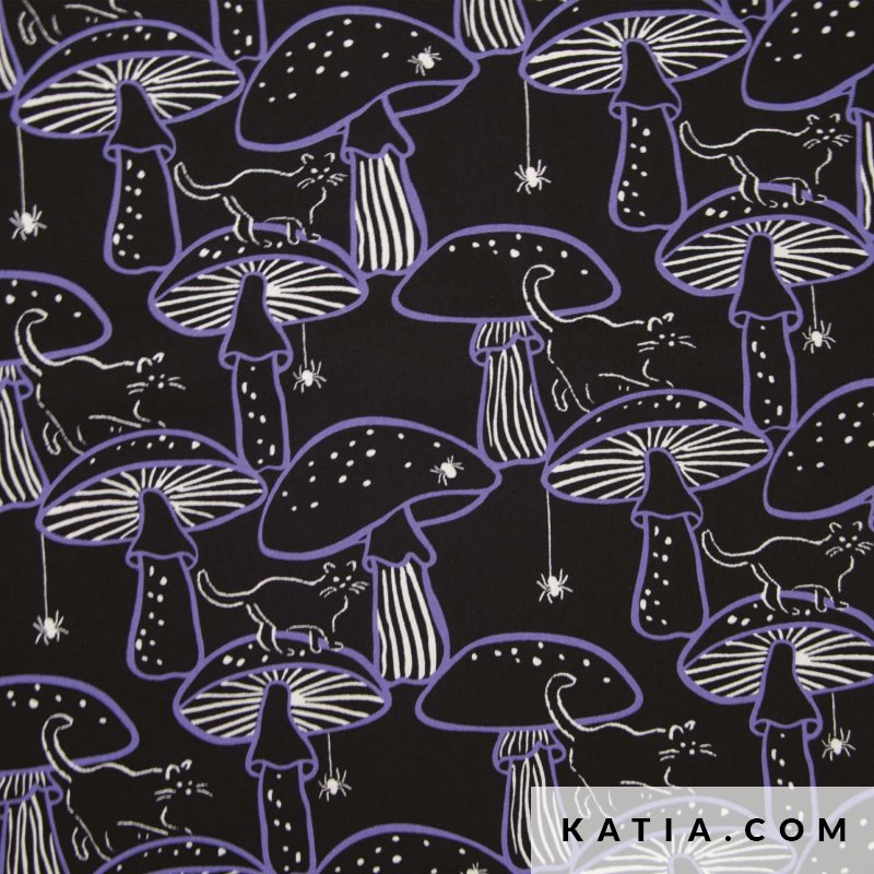 Spooky zwarte poplin met katten & paddenstoelen. Perfect voor blouses, jurken, accessoires en kinderkleding. Zacht, duurzaam en OEKO-TEX gecertificeerd