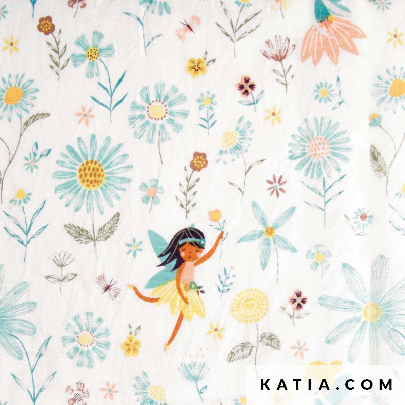 Katoenen popeline Marguerite Fairies bloemenprint