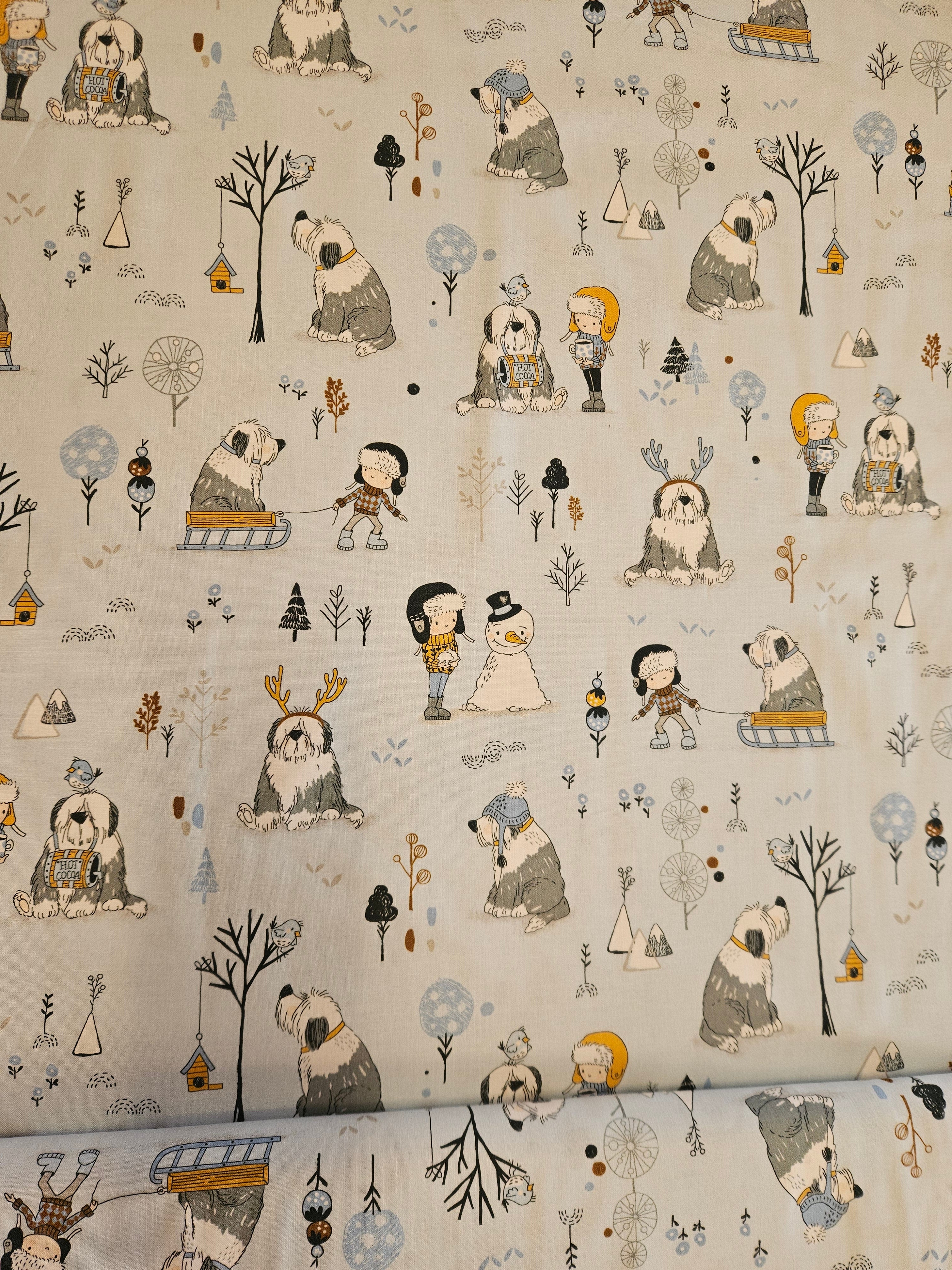 Sled Dog Quiltstof – Winter Honden Tafereel Ecru