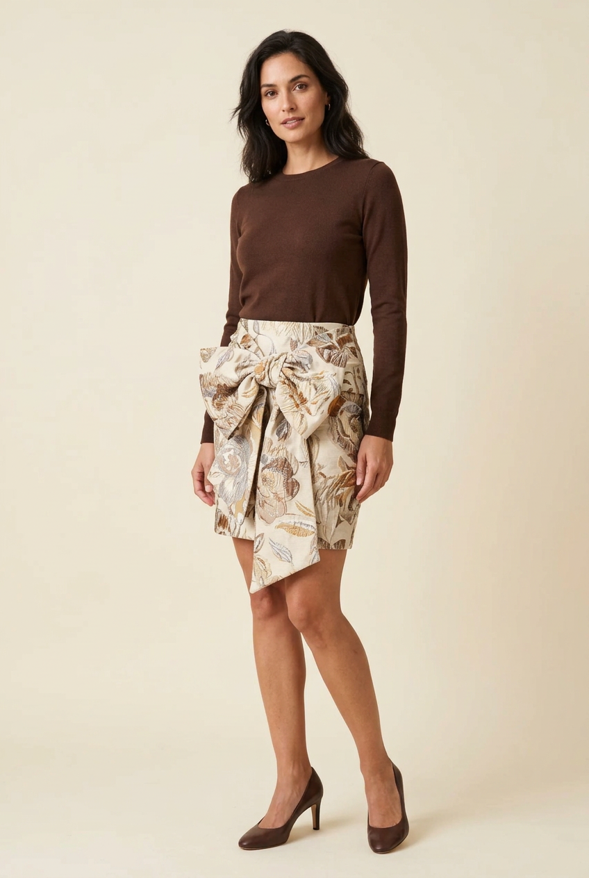 Rok met grote strik van Liricio Jacquard Bruin